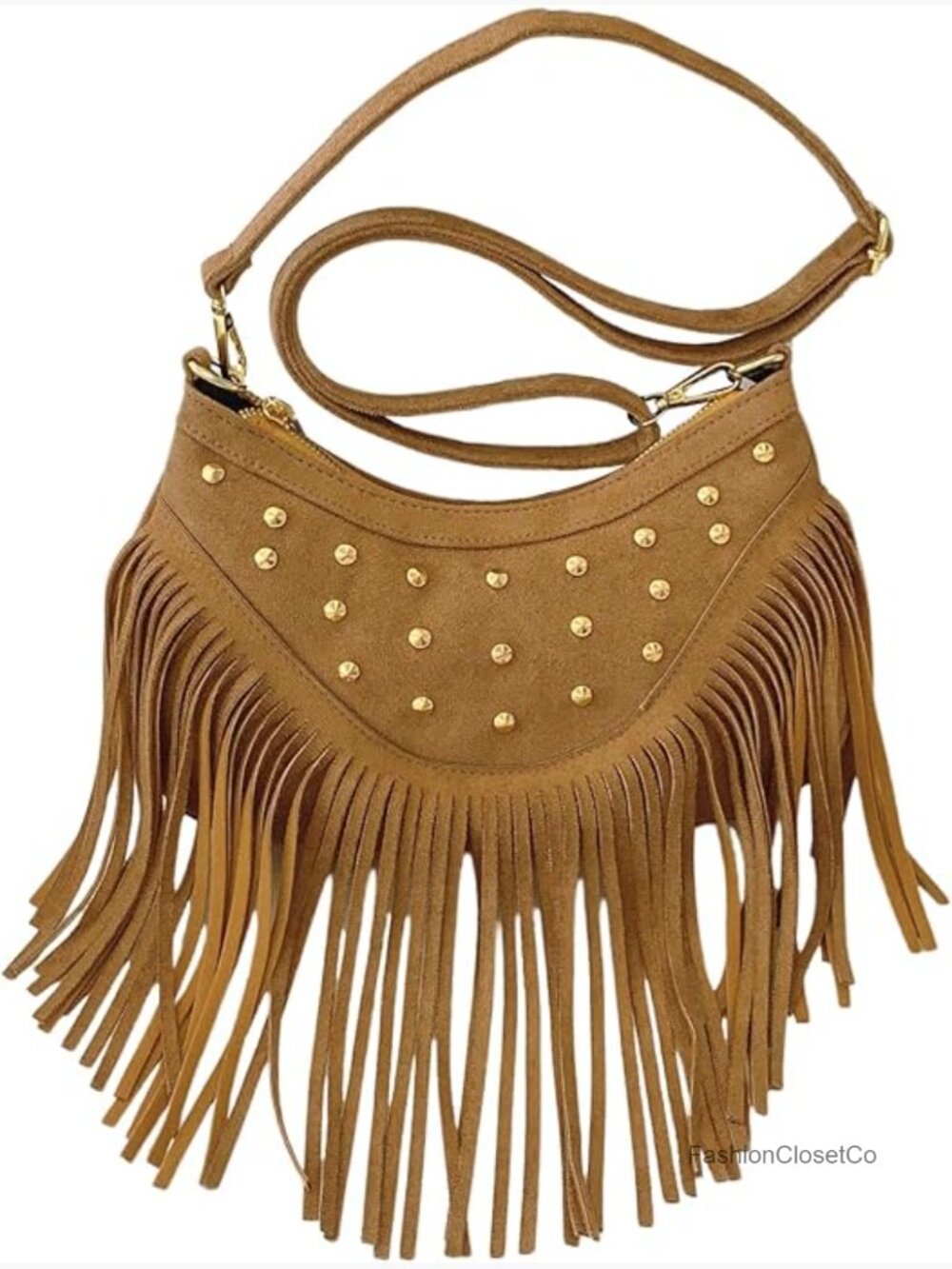 Boho Fringe Trim Suede Crossbody Bag with Rivet Accents